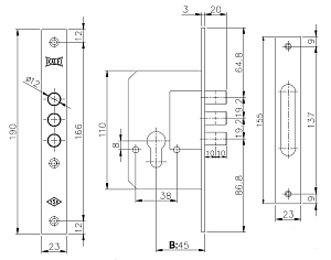 Kale  Корпус замка 189-3M-BS45-23NP-(w/oSP,w/oRos) (без цилиндра) STB 18900000067 #235355